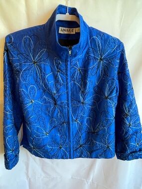 ANAGE blue raw silk beaded embroidered floral jacket artwear statement piece